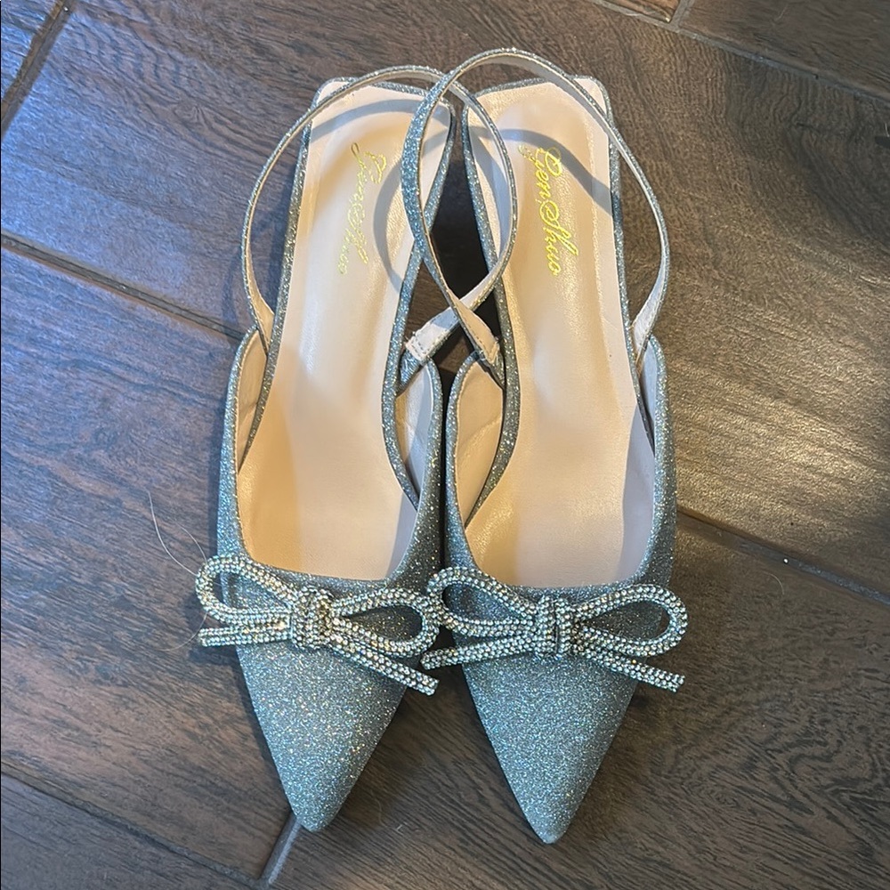 Genshuo Silver Heels with Pointed Toe and Bow Detail